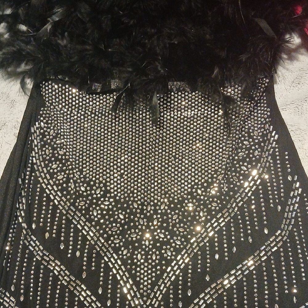 Black and Silver Embellished Dress with Feather Detail